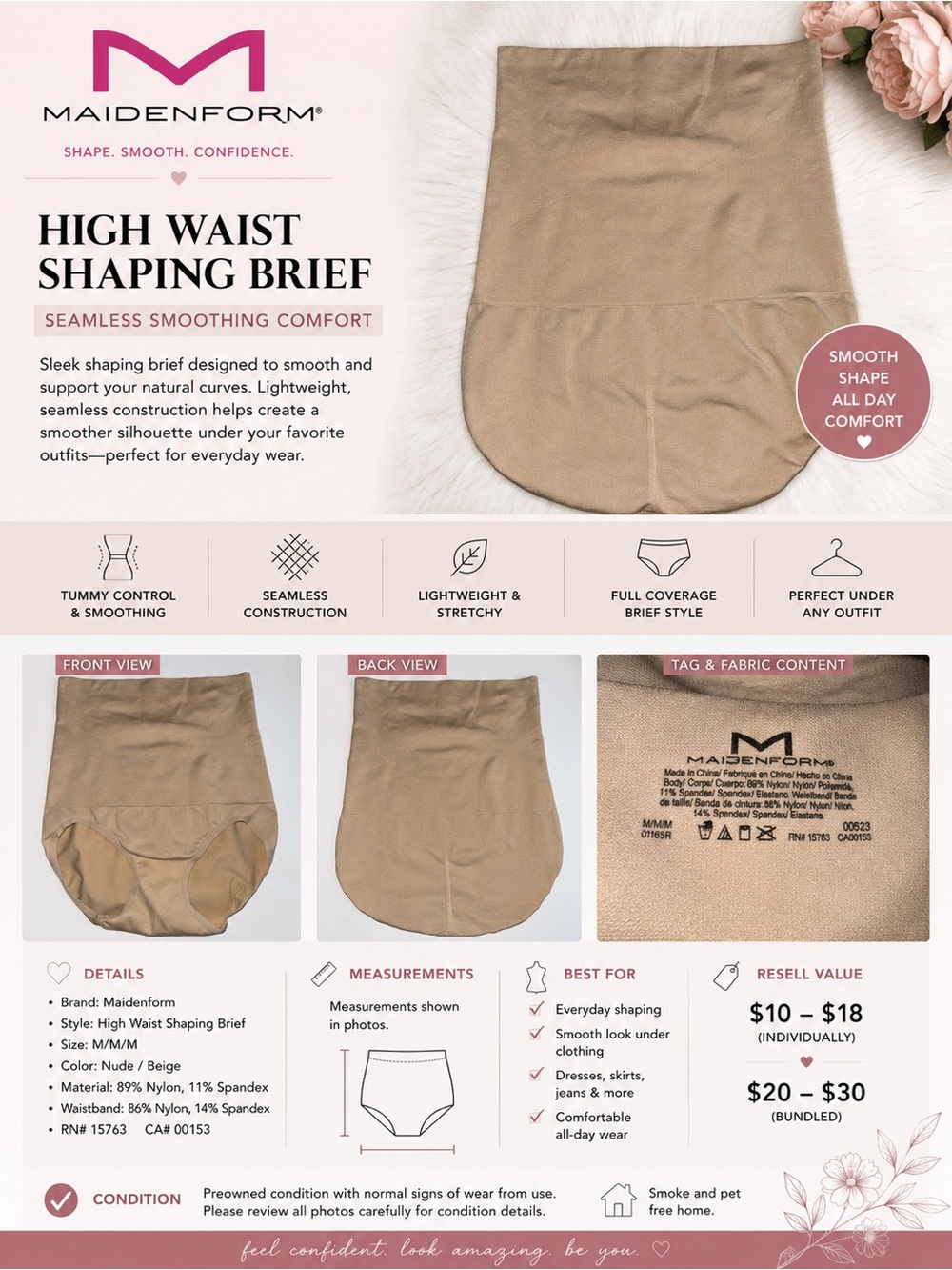 Maidenform Nude High Waist Shaping Brief Panty Size M
